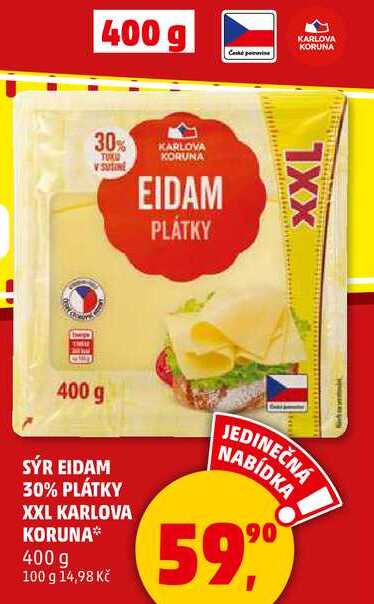 SÝR EIDAM 30% PLÁTKY XXL KARLOVA KORUNA, 400 g   