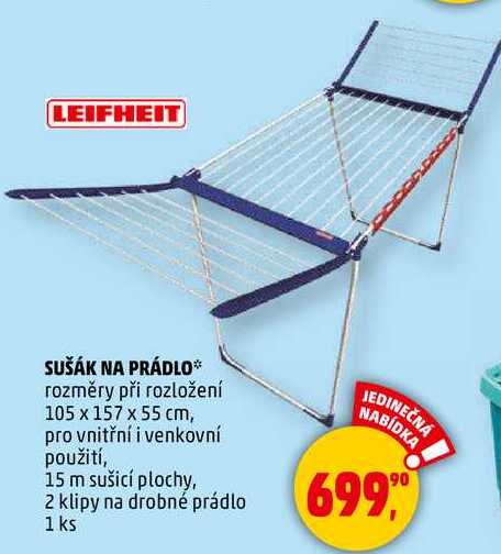 LEIFHEIT SUŠÁK NA PRÁDLO rozměry při rozložení 105 x 157 x 55 cm, pro vnitřní i venkovní použití, 15 m sušicí plochy, 2 klipy na drobné prádlo, 1 ks 