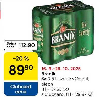 Branik, 6× 0,5 l, světlé výčepní, plech