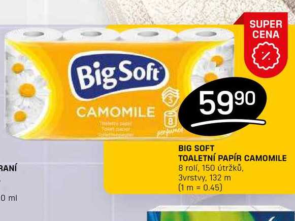 BIG SOFT TOALETNÍ PAPÍR CAMOMILE 8 rolí, 150 útržků. 3vrstvy, 132 m 