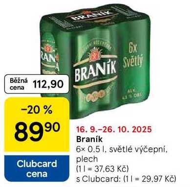 Braník, 6x 0.5 l, světlé výčepní, plech 