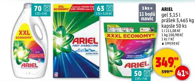 ARIEL gel 3,15 l, prášek 3,465 kg, kapsle 50 ks 