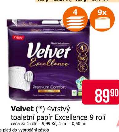 Velvet 4vrstvý toaletní papír Excellence 9 rolí 