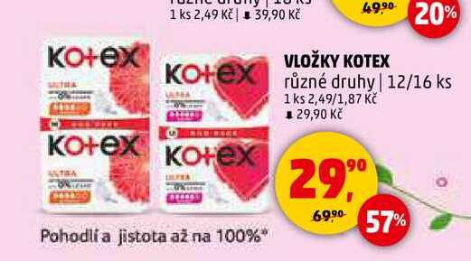 VLOŽKY KOTEX různé druhy, 12/16 ks