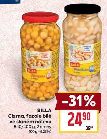 BILLA Cizrna, fazole bílé ve slaném nálevu 540/400 g