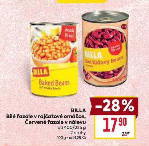 BILLA Bílé fazole v rajčatové omáčce, Červené fazole v nálevu od 400/225 g 