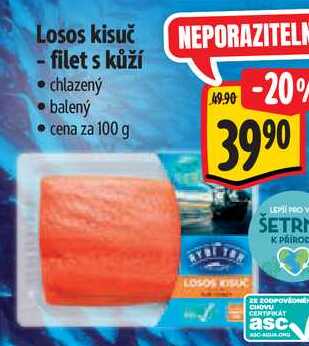Losos kisuč - filet s kůží, cena za 100 g 