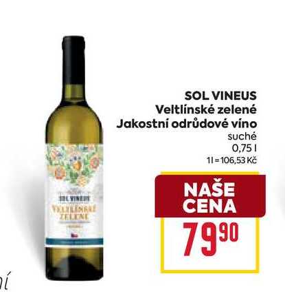 SOL VINEUS Veltlínské zelené Jakostní odrůdové víno suché 0,75l