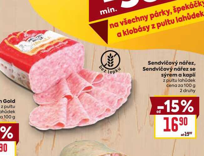 Sendvičový nářez, Sendvičový nářez se sýrem a kapií z pultu lahůdek cena za 100 g 
