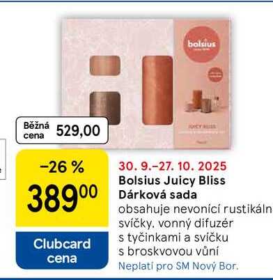 Bolsius Juicy Bliss Dárková sada obsahuje nevonící rustikáln svíčky, vonný difuzér s tyčinkami a svíčku s broskvovou vůní 