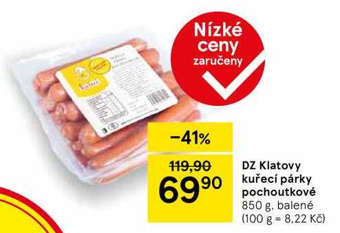 DZ Klatovy kuřecí párky pochoutkové, 850 g, balené 