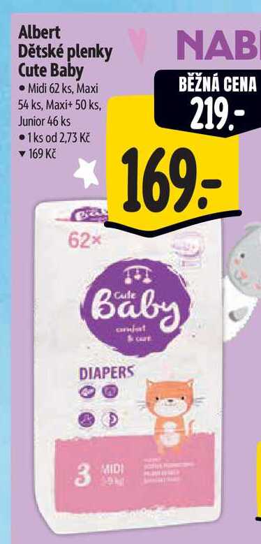 Albert Dětské plenky Cute Baby  Midi 62 ks, Maxi 54 ks, Maxi+ 50 ks, Junior 46 ks  