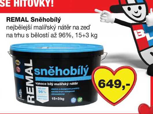 REMAL Sněhobílý nejbělejší malířský nátěr na zeď na trhu s bělostí až 96%, 15+3 kg