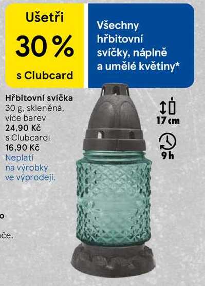Hřbitovní svíčka, 30 g. skleněná. více barev 