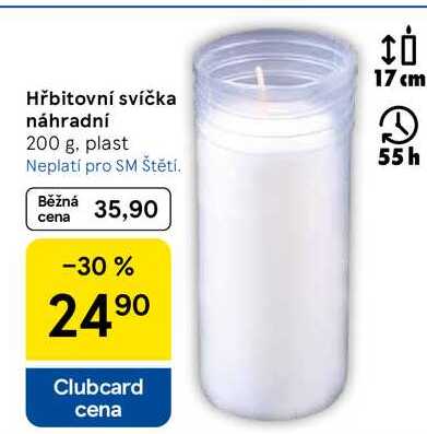 Hřbitovní svíčka náhradní, 200 g. plast  