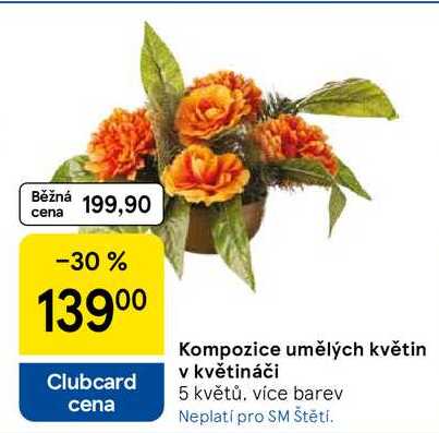 Kompozice umělých květin v květináči 5 květů, více barev  