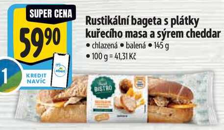 Rustikální bageta s plátky kuřecího masa a sýrem cheddar, 145 g