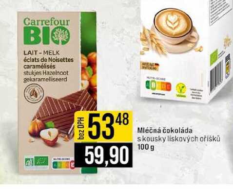 Carrefour BIO Mléčná čokoláda s kousky lískových oříšků 100 g 