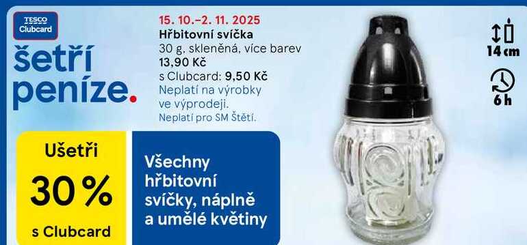 Hřbitovní svíčka, 30 g. skleněná, více barev