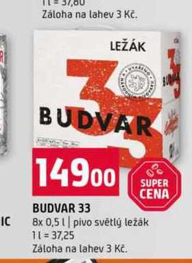 Budvar 33 světlý ležák 8x0,5 l