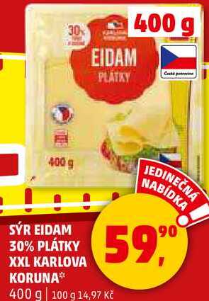 SÝR EIDAM 30% PLÁTKY XXL KARLOVA KORUNA, 400 g