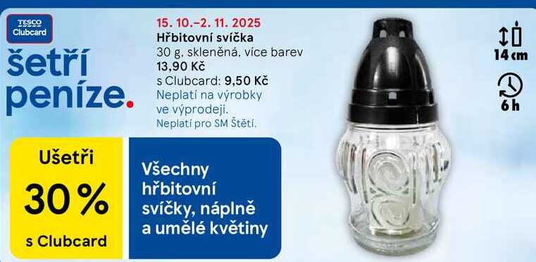 Hřbitovní svíčka, 30 g. skleněná, více barev  