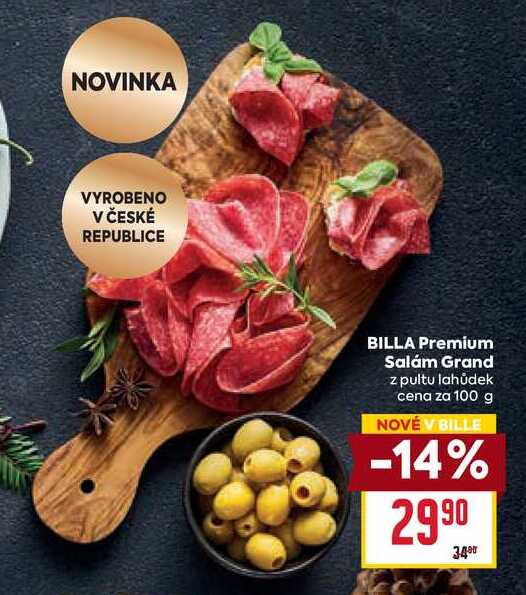 BILLA Premium Salam Grand z pultu lahůdek cena za 100 g