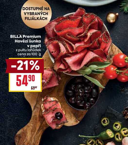 BILLA Premium Hovězí šunka v pepři z pultu lahůdek cena za 100 g 