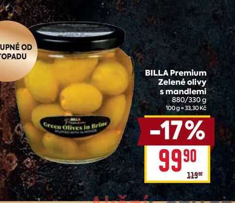 BILLA Premium Zelené olivy s mandlemi 880/330 g 