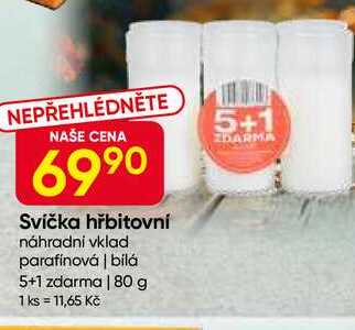 Svíčka hřbitovní náhradni vklad parafínová, bílá 5+1 zdarma 80 g