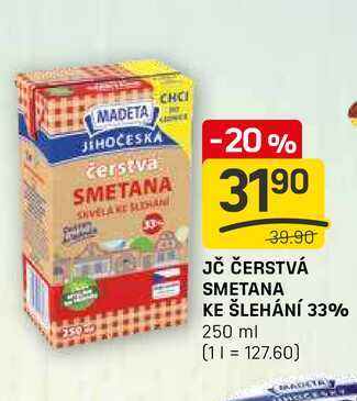 JČ ČERSTVÁ SMETANA KE ŠLEHÁNÍ 33% 250 ml