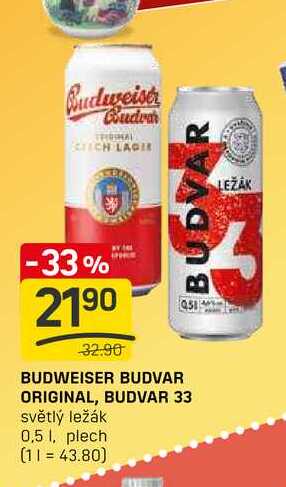  BUDWEISER BUDVAR ORIGINAL, BUDVAR 33 světlý ležák 0,5l, plech