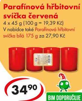 Parafínová hřbitovní svíčka červená, 4x 45 g  