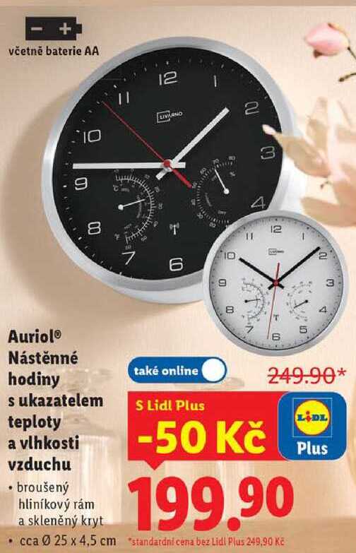 Auriol Nástěnné hodiny s ukazatelem teploty a vlhkosti vzduchu 