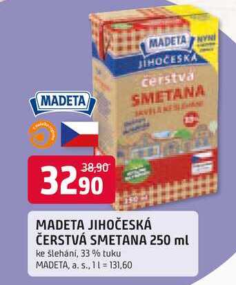 MADETA JIHOČESKÁ ČERSTVÁ SMETANA 250 ml ke šlehání, 33% tuku