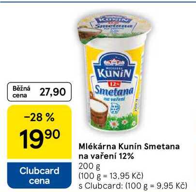 Mlékárna Kunín Smetana na vaření 12%, 200 g  