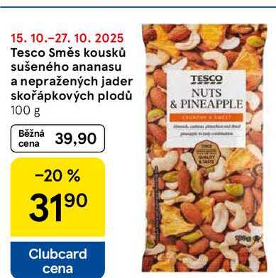 Tesco Směs kousků sušeného ananasu a nepražených jader skořápkových plodů, 100 g 
