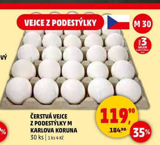 ČERSTVÁ VEJCE Z PODESTÝLKY M KARLOVA KORUNA, 30 ks 
