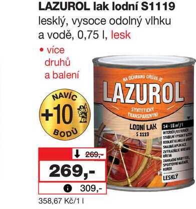 LAZUROL lak lodní S1119 lesklý, vysoce odolný vlhku a vodě, 0,75l