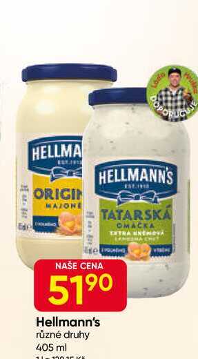 Hellmann's majonéza, tatarská omáčka 405ml, vybrané druhy