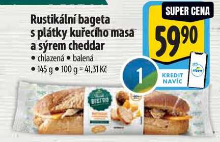 Rustikální bageta s plátky kuřecího masa a sýrem cheddar, 145 g