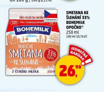SMETANA KE ŠLEHÁNÍ 33% BOHEMILK OPOČNO, 250 ml