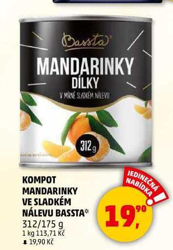 KOMPOT MANDARINKY VE SLADKÉM NÁLEVU BASSTA, 312 g