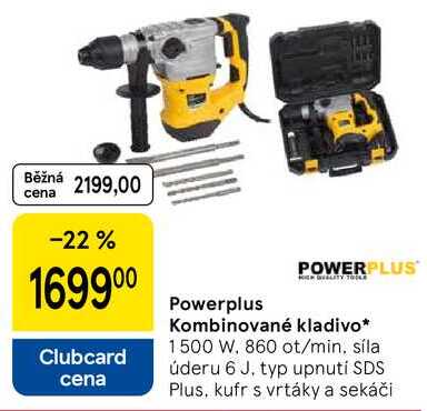 Powerplus Kombinované kladivo, 1500 W, 860 ot/min, síla úderu 6 J. typ upnutí SDS Plus, kufr s vrtáky a sekáči