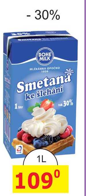 BOHE MILK Smetana ke šlehání Tuk 30% 1L 