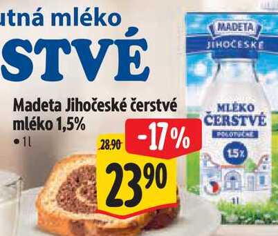  Madeta Jihočeské čerstvé mléko 1,5%  1 l