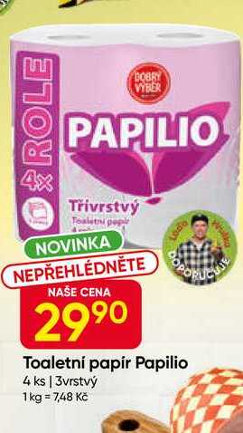 DOBRÝ VÝBĚR Toaletní papír Papilio 4 ks, 3vrstvý 