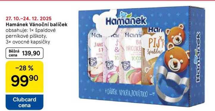 Hamánek Vánoční balíček, obsahuje: 1x špaldové perníkové piškoty. 3x ovocné kapsičky 