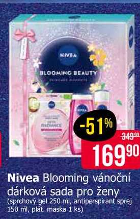 Nivea Blooming vánoční dárková sada pro ženy (sprchový gel 250 ml, antiperspirant sprej 150 ml, plát. maska 1 ks)