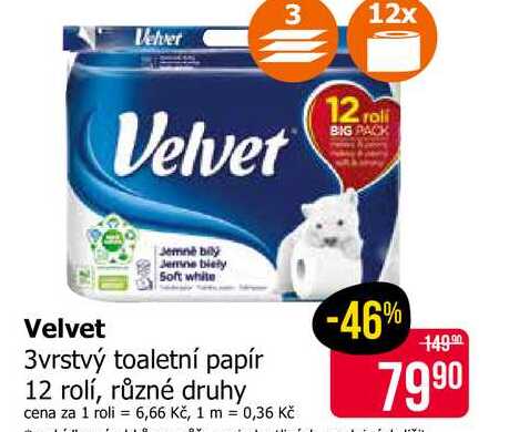 Velvet 3vrstvý toaletní papír 12 rolí, různé druhy